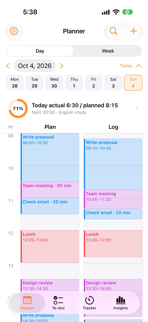 PlanLog planner showing plan and log columns