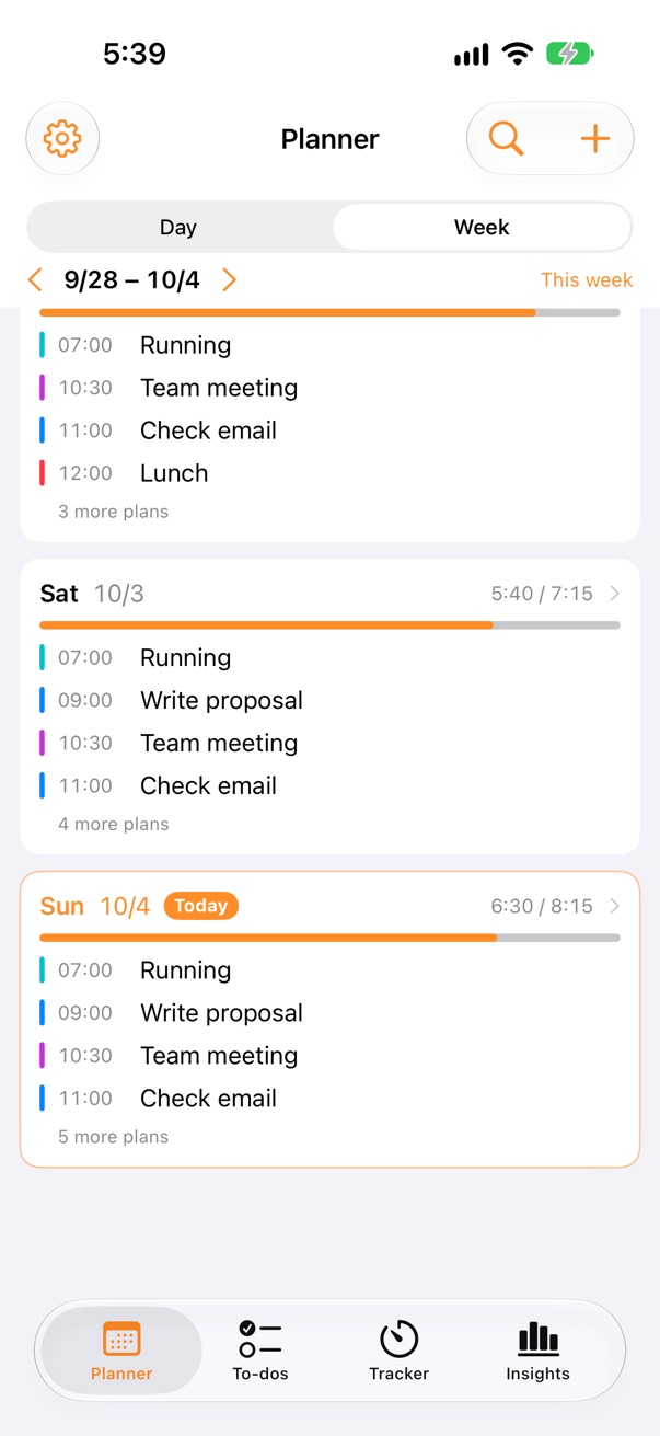 PlanLog planner showing plan and log columns