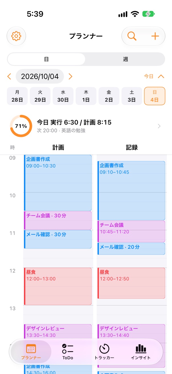 計画と記録の列が並ぶPlanLogのプランナー